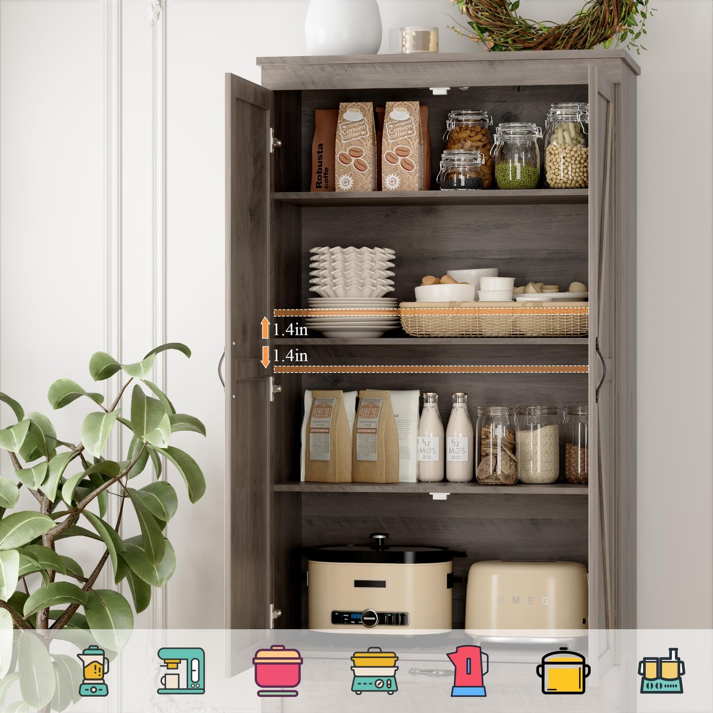 HOSTACK 70" Tall Kitchen Pantry Storage, Barn Doors Pantry Cabinet with Drawers and Adjustable Shelf, Modern Farmhouse Storage Cabinet for Kitchen, Dining Room, Living Room, Bathroom, Ash Grey