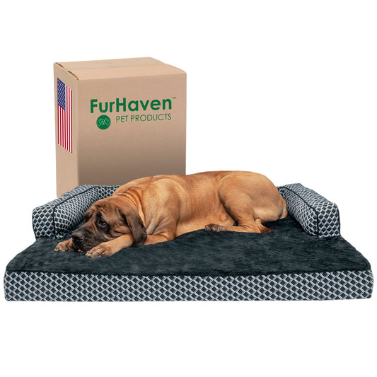 Furhaven Orthopedic Dog Bed for Large Dogs w/ Removable Bolsters & Washable Cover, For Dogs Up to 125 lbs - Plush & Woven Decor Comfy Couch Sofa - Diamond Gray, Jumbo Plus/XXL