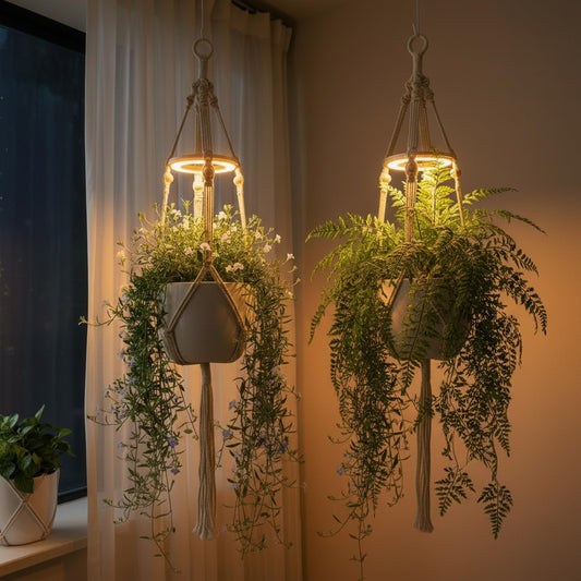Lazukes 2 Pack Hanging Plant Grow Lights for Indoor Plants with Timer, Wall Mounted Full Spectrum Pendant Growing Light with Macrame Plant Hanger, Ceiling LED Planta Luz for Potted Plants Home Decor