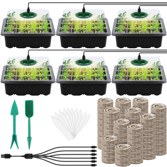 Hahood 6 Pack Seed Starter Tray Kit with Grow Light and Humidity Dome Germination Trays with 72 Peat Pellets, Plant Labels, Gardening Tools, Plant Growing Trays for Seeds Growing Starting, Black