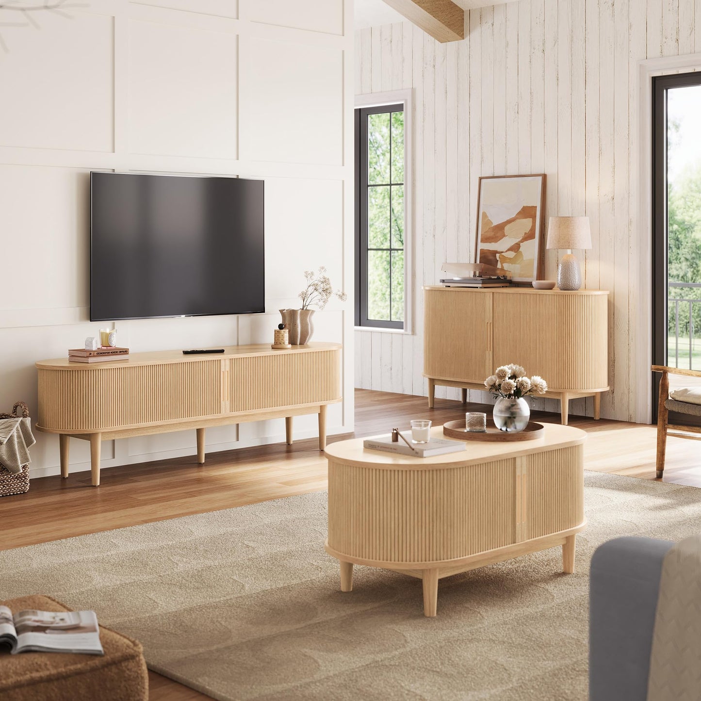 LINSY HOME Fluted TV Stand for 75" TV, Mid-Century Modern 70" Entertainment Center with Sliding Tambour Door and Storage Cabinet, Cruved TV Media Console Table for Living Room, Bedroom, Oak