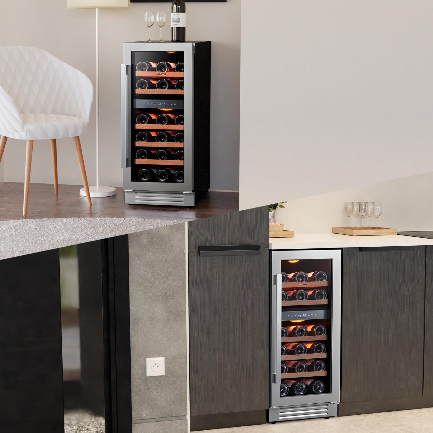 Ca'Lefort 15 Inch Wine Fridge, 28 Bottle Wine Cooler Refrigerator, 40-65°F Wine Refrigerator Glass Door, 3 LED Dual Zone Wine Fridge, Built-in or Freestanding Fridge for Home/Bar/Kitchen (3.0 cu.ft)