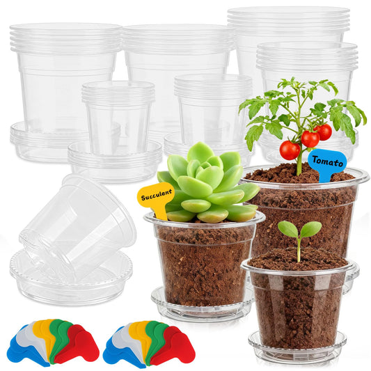 FDKYOEK 30Pack Clear Nursery Pots with Drainage and Saucer, 3/4/5/6/7in Clear Plastic Pots for Plants Flowers Succulents Vegetables, Transparent Plant Pots with 100 Planter Labels for Seedling Starter