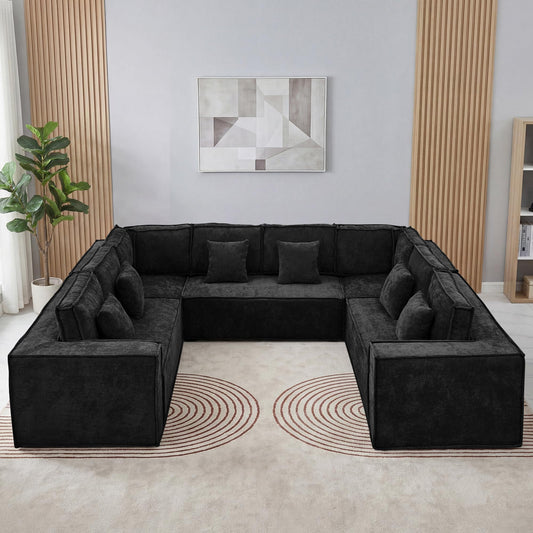 138'' Boneless Chenille U Shaped Couch, Oversized Modular Sectional 8 Seater Sofa, Modern Deep Seat Corner Cloud Compressed Couch, No Assembly Sleeper Sofa with Chaise for Living Room, Black
