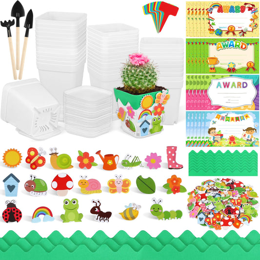 Elcoho 36 Set Garden Plastic Pot Craft Kit Plant Spring Craft Kits Flower Pots with 150 Foam Stickers 36 Labels 24 Certificate of Awards 3 Tools Planting Growing Kit, White