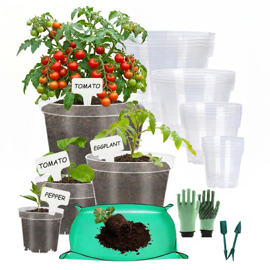 QTQIHANG 4/6/8/10 Inch Sizes Large Clear Nursery Pots with Drainage -16 Pack Plastic Plant Pots with Garden Tools & Labels, Seedling Pots for Transplanting Succulents Flowers Herb Vegetables