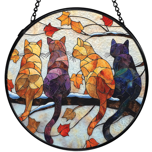 XFCICRLJ Cat Gifts Fall Winter Suncatcher Stained Glass Window Hanging, Rustic Autumn Black Cat Sun Catchers Indoor Window Glass Wall Art Decor, Fall Wall Hanging Decor Decorations, 7.9x7.9 Inch
