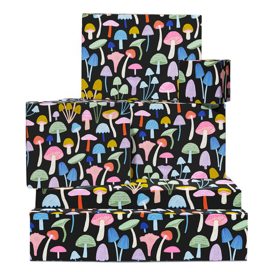 CENTRAL 23 Mushroom Wrapping Paper - 6 Sheets Of Birthday Gift Wrap For Women - Bright Mushrooms On Black Background - Halloween - Comes With Stickers - Recyclable