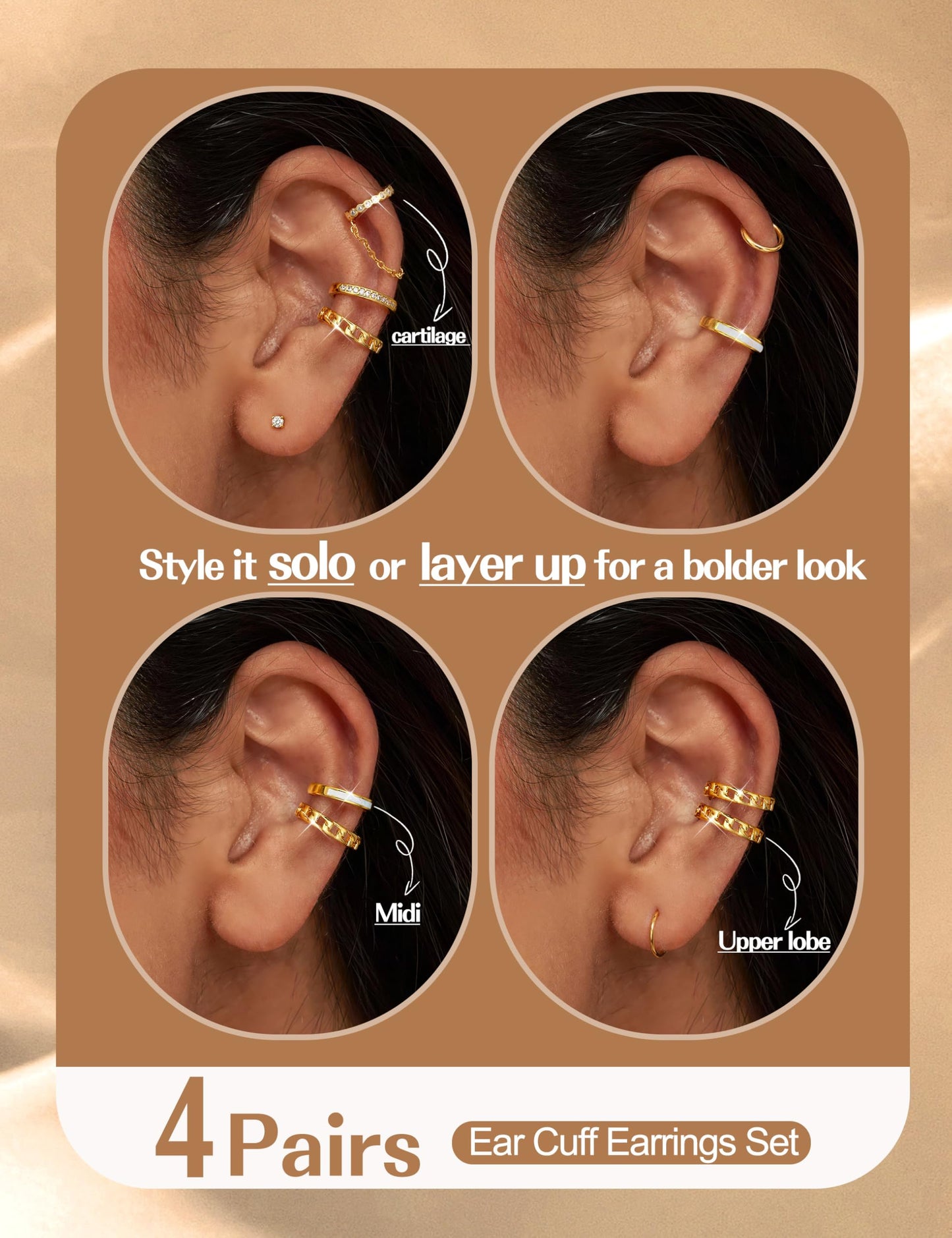 4 Pairs Ear Cuffs Non Piercing - 14K Gold Plated Ear Cuffs Earrings for Women Trendy Ear Cuff for Non Pierced Ears Clip On Carrtilage Earring Lightweight Adjustable Fake Earrings Set Trendy