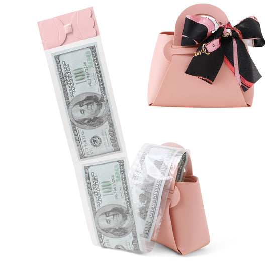 Vane Oak Money Pull Box for Cash, Surprise Money Boxes with Ribbon Leather Mini Bags with 30 Pcs Transparent Bags for Birthday Party Christmas (Pink)