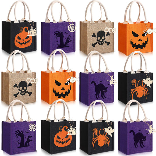 Sweetude 12 Pack Easter Bunny Burlap Bags with Tags Easter Reusable Treat Bags with Handles Jute Linen Tote Candy Gift Wrapping for Spring Party Favors Supplies (Spooky)