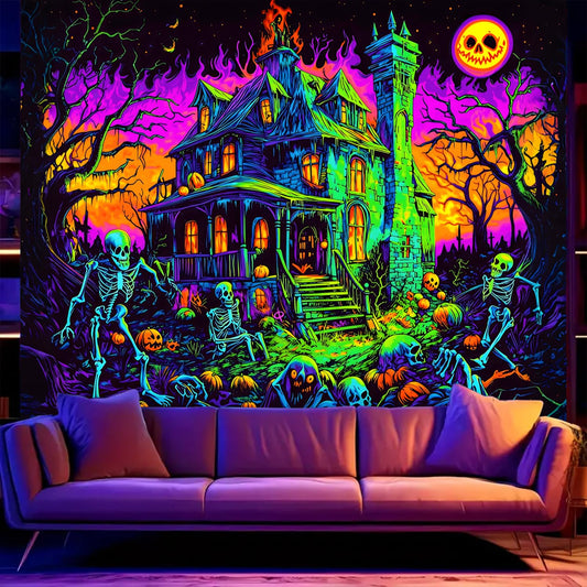 BSFHH Black Light Tapestry – UV Reactive Glow in the Dark Wall Hanging, Spooky Night Scene with Ghosts & Pumpkins, Haunting Home Decor for Parties, Bedroom, or Dorm (Ghost House, 90L x 70W, Unframed)