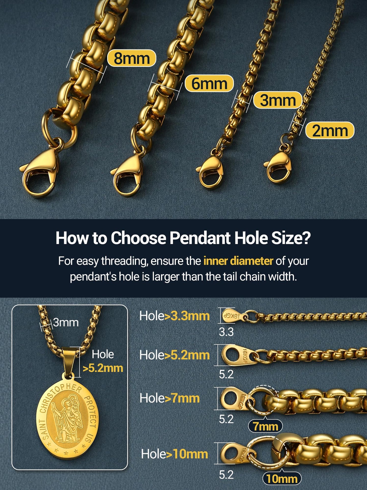 PROSTEEL Squre Rolo Link Chains, 18K Gold Chain Necklace Waterproof & Non Tarnish 6mm Stainless Steel Link Chains for Men and Women Jewelry with Gift Box 18in
