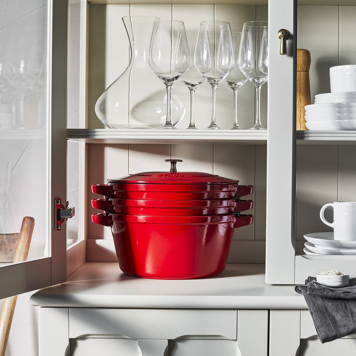 STAUB Cast Iron Set 4-pc, Stackable Space-Saving Cookware Set, Dutch Oven, Skillet, Grill Pan with Universal Lid, Made in France, Cherry