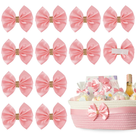 LiBongTa Pink Satin Bows 12 PCS Premade Self Adhesive 3.5" Gift Bows with Rhinestone for Wedding Party Event Decor Gift Wrapping Craft Baby Shower Wedding Treat Bags Presents Making Greeting