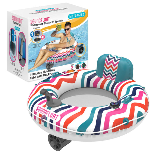 Inspired Living Motorized Inflatable Pool Float Lounger Tube, Bluetooth 5 IPX7 Waterproof Speaker, Pool & Lake Float with Mesh Bottom, Cup Holder, Backrest, Heavy-Duty Handles, 66W Motor