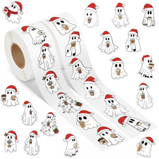 DSjuedui Christmas Ghost Coffee Roll Stickers - 1000Pcs Xmas Cartoon Boo Waterproof Stickers for Kids, Santa Hats Vinyl Decals for Laptops Guitar Bottles Party Decoration Birthday Gift Teacher Rewards