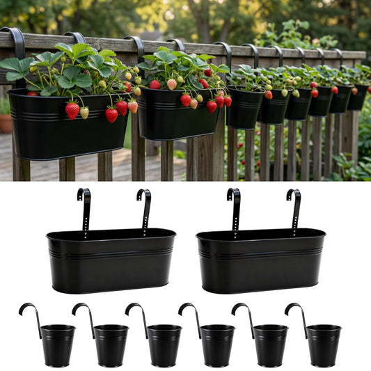 LaLaGreen 17 Inch Rail Planter (8-PIECE COMBO SET) Black Large Metal Hanging Railing Fence Flower Pots, Modern Balcony Gardening for Apartment Garden Style Iron Patio Planters Outdoor Deck Decorations