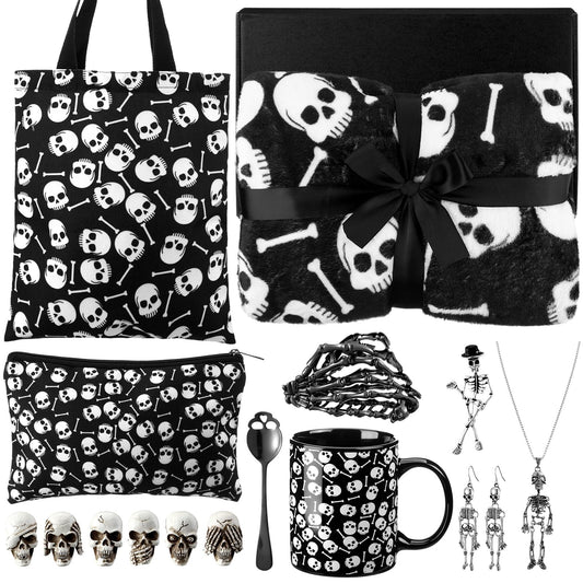 Conelist 16 Pcs Gothic Gifts for Women, Witchy Gifts Goth Horror Themed Includes Skeleton Blanket, Spooky Bag, Gothic Coffee Mug, Skeleton Necklace, Makeup Bag for Women Friend Easter