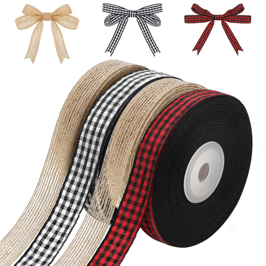 Xinnun 4 Rolls 100 Yards Christmas Ribbons Black Red Buffalo Plaid Fabric Ribbon Black and White Checked Gingham Ribbon Natural Burlap Ribbons Rustic Wrapping for DIY Craft Party Decor(0.6 Inch)