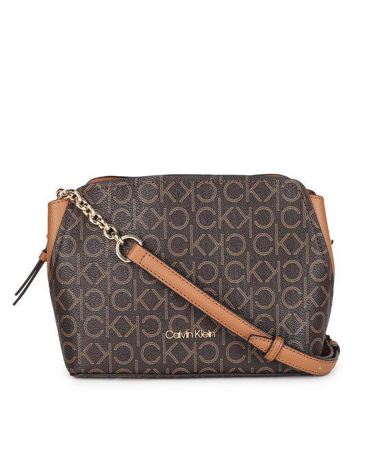 Calvin Klein Women's Hailey Signature Triple Compartment Chain Crossbody, Brown/Khaki/Caramel Linear, One Size