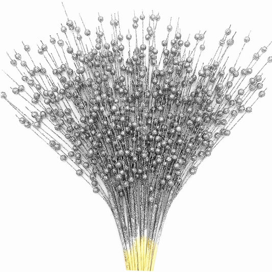 Artificial Glitter Berry Stems Silvery Decorations 17 Inch, Fake Berries Bead Sticks Pick for Halloween Christmas Ornaments Glittery Berries Xmas Tree Wreath Vase Filler Home Decor - Silver 10 Pack