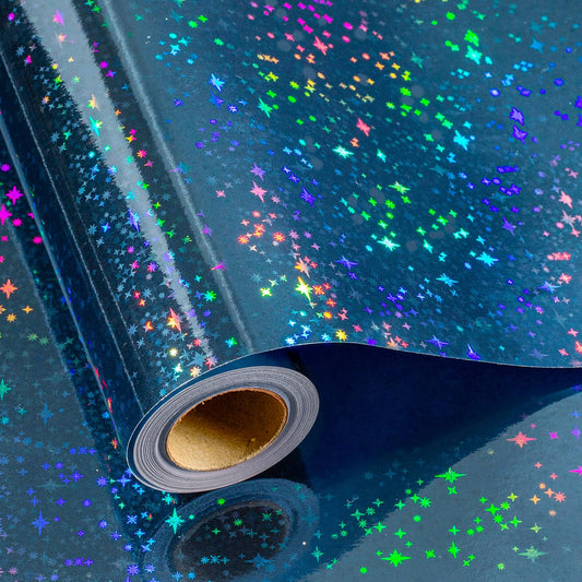 Flyhill Blue Holographic Wrapping Paper Roll, Metallic Holographic Shinning Galaxy Star Gift Wrap for Father‘s Day,Wedding,Birthday - Mini Roll 17inch*32.8ft