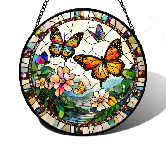 DASTOLL Stained Glass Window Hanging, Butterflies Flying in the Sky Suncatcher for Doors Home Sun Catchers Decoration and Christmas, Mother's Day Birthday Gifts for Women, Men, and Mom 6.3 in
