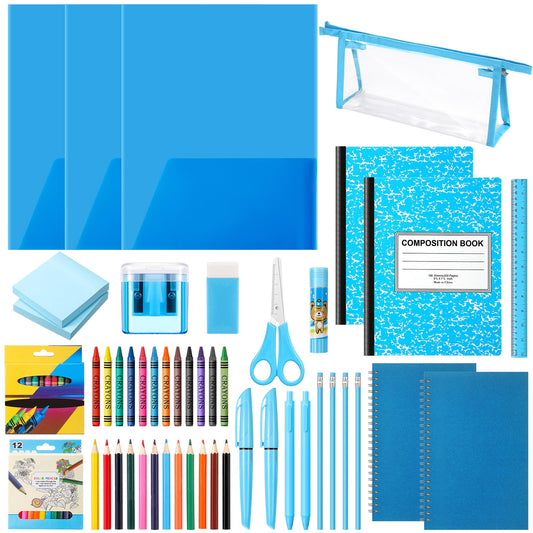 Watersay 48 Pcs School Stationary Set Essentials Bundle Include Folders Notebooks Rulers Scissors Pencils Pens and Much More Back to School Gifts for Students(Blue)