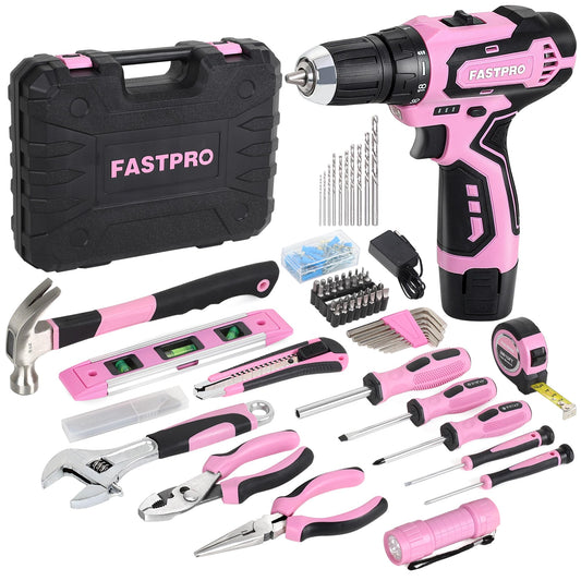 FASTPRO 160-Piece Pink Tool Set with 12V Cordless Drill Driver, Lady's Home Repairing Tool Kit with Drill in Storage Case, For DIY, Home Maintenance