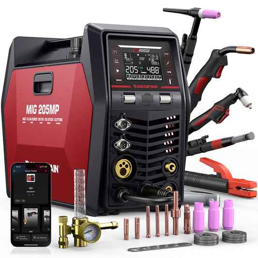 ARCCAPTAIN MIG205MP MIG Welder 9 IN 1 iControl APP Control Plasma Cutter/Pulsed MIG/Flux Core/Spool Gun/DC HF/Lift TIG/Clean/Stick Aluminum Welding Machine 120/240V Dual Voltage Multiprocess Welder