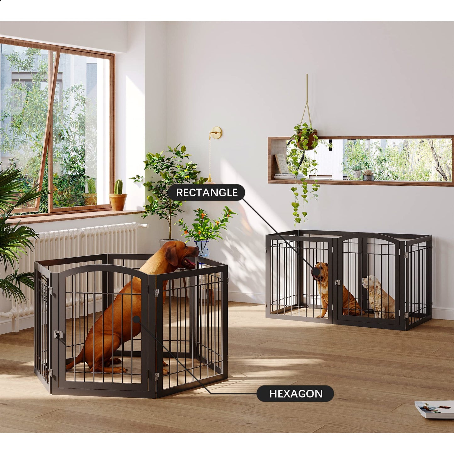 JSB 144-inch Extra Wide 30-inch Tall Dog gate with Door Walk Through, Freestanding Pet Gate for Halls, Stairs & Home, Pet Puppy Safety Dog Fence with 2PCS Support Feet (Black)