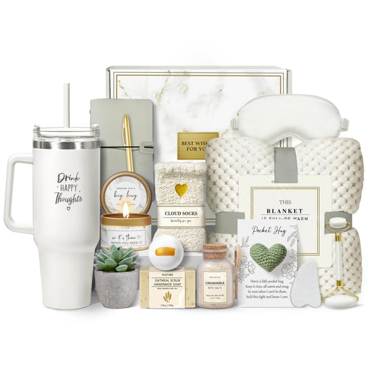 Self Care Gifts for Women, 16PC Get Well Soon Gift Baskets for Women After Surgery, Mothers Day Birthday Gifts Spa Care Package w/ Flannel Blanket, Sympathy Inspirational Thinking of You Gift Baskets
