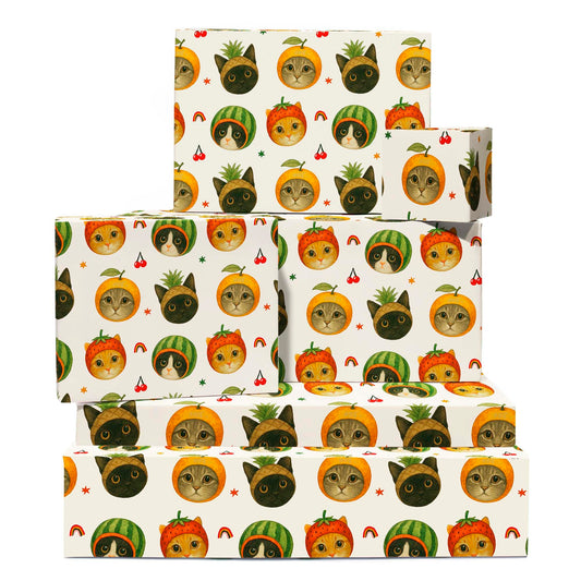 CENTRAL 23 Cat Wrapping Paper - 6 Sheets With Cats As Pineapple, Orange & Watermelon - Wrap For Cat Lovers, Kids & Friends - Christmas Holidays, Baby Shower - Comes With Tags