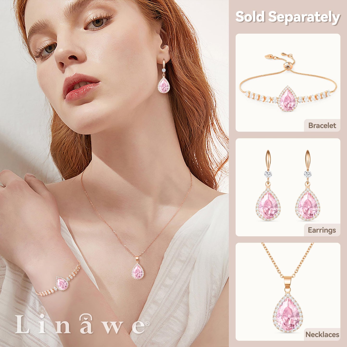 Linawe Pink Crystal Necklace, Rose Gold Chain Imitation Diamond Pendant Cubic Zirconia Birthstone Rhinestone Teardrop Necklace, Preppy Bridal Wedding Bride Boho Jewelry