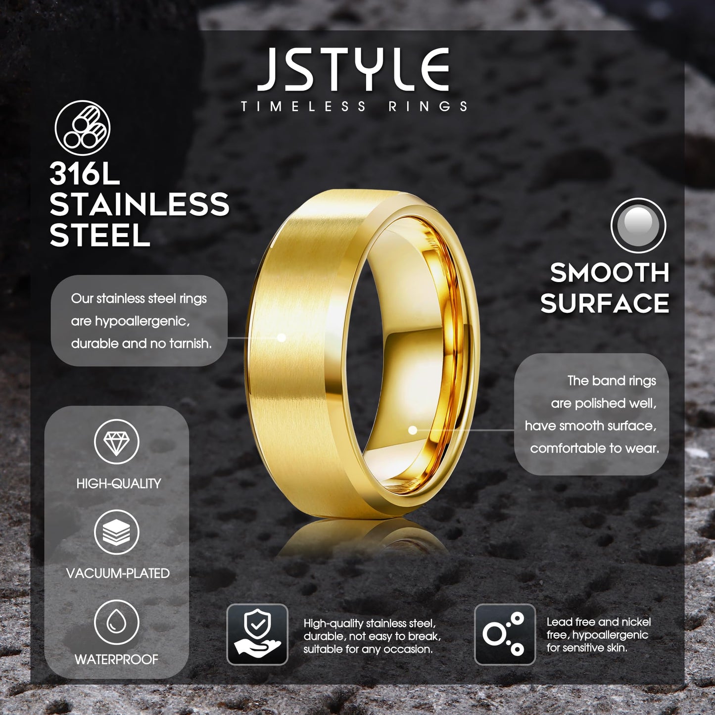 Jstyle Stainless Steel Rings for Men Women 8MM Wedding Band Rings Matte Surface - Beveled Polished Edge Mens Ring Size 9.5 18K Gold Plated Ring for Men