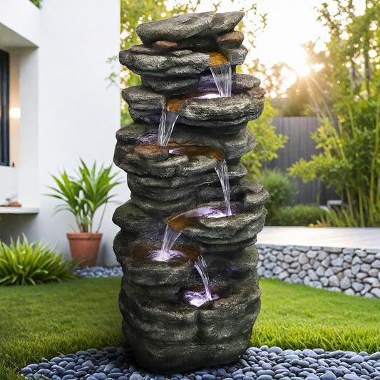 chillscreamni 6-Tier Rockery Outdoor Fountain - 40” H Outdoor Waterfall Fountain with LED Lights for Home&Office Decor, Stacked Rock Cascading Relaxation Garden Fountains Outdoor for Patio, Yard, Deck