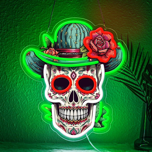 Sneignon Day of the Dead Neon Sign - Mexican Sugar Skull LED Neon Light for Home & Bar Decor,UV Printed Art with Flexible LED Strip,Halloween & Día de Muertos Party Decoration（green)