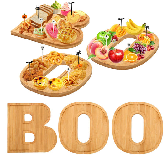 AUGSUN 53Pcs Halloween Charcuterie Board Set, 3 BOO Halloween Cheese Board Wooden Serving Platter with 50 Plastic Toothpicks for Party Buffet Supplies for Home Outdoor Party Decoration