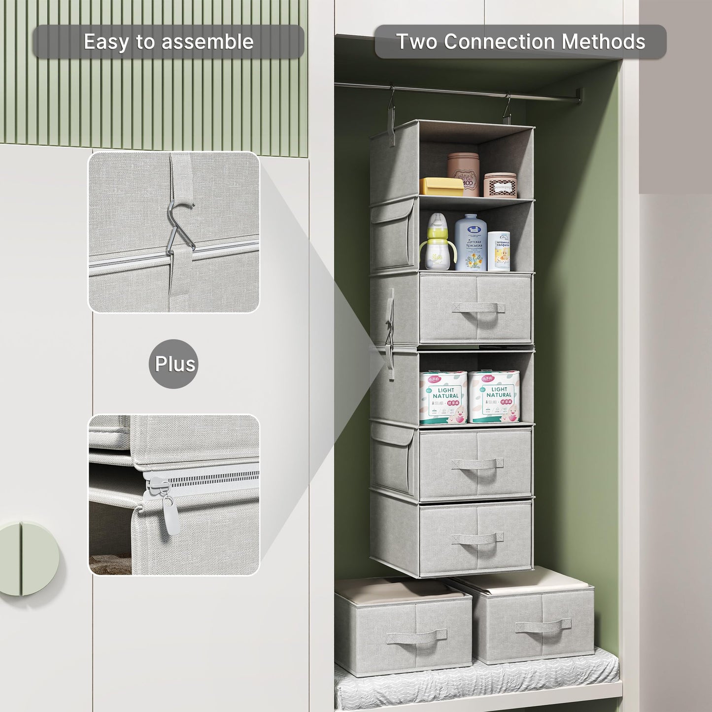Vailando 6-Shelf Hanging Closet Organizer with 3 Drawers, 2 Separable 3-Shelf Closet Organizers and Storage for Wardrobe Organization, Hanging Dresser for Nursury & Dorm Clothes Organizer