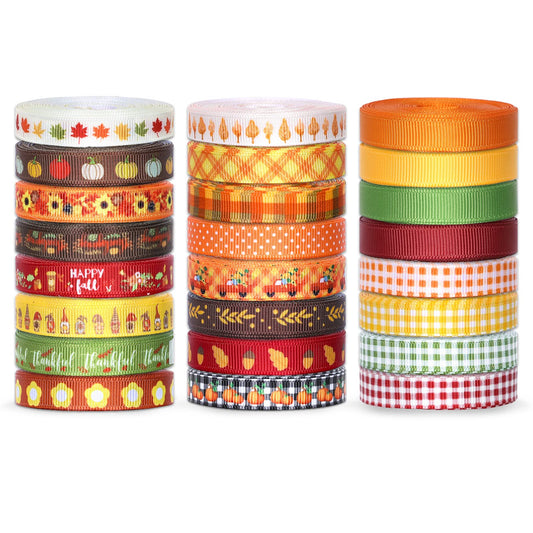 Whaline 120 Yards 24 Rolls Fall Thanksgiving Ribbons Pumpkin Maple Buffalo Plaids Leaves Printed Grosgrain Ribbons Autumn Harvest Thin Ribbons for Fall Craft Gift Wrapping Holiday Wedding Festival