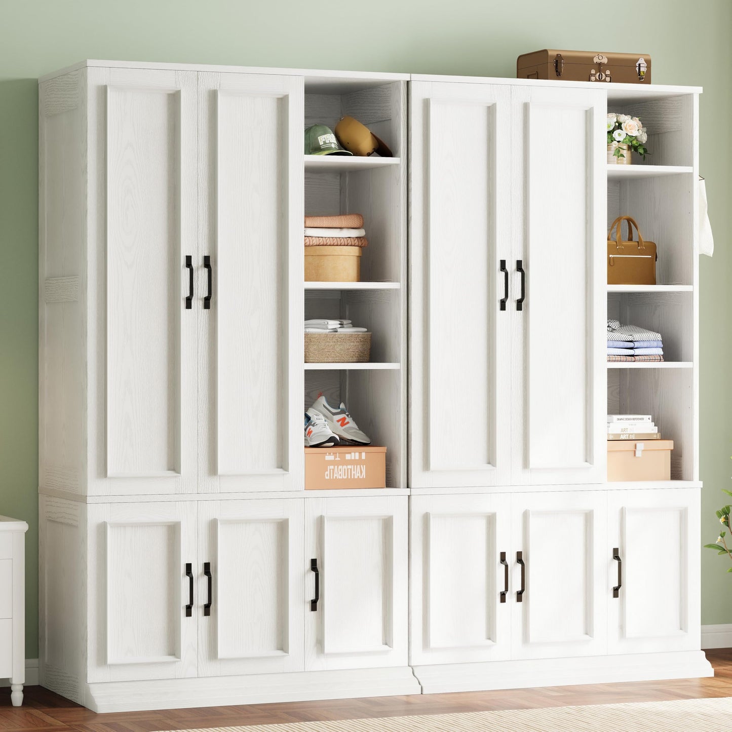 LIKIMIO Armoire Wardrobe Closet 70" H, 5 Doors Bedroom Wooden Wardrobe with 4 Storage Shelves and Hanging Rod, Clothing Storage Cabinet Organizer Combination, White