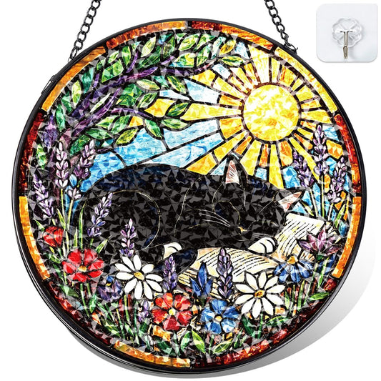 Riletese Stained Glass Window Hanging – Cat & Book Lover Gifts for Women Men, Sleeping Cat Suncatcher, Glass Ornament for Reading Room Home Garden Decor, Christmas Mother's Day Birthday Gifts, 8 Inch