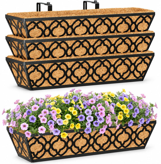 Y&M 4pcs 24 Inch Window Deck with Coconut Coir Liner, 24" Railing Planter Horse Trough Coco Basket Boxes Metal Hanging Flower Balcony for Outdoor Garden Fence Lawn
