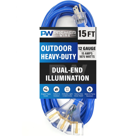 15 ft - 12 Gauge Heavy Duty Extension Cord - Lighted on Both Ends - SJTW Blue - Outdoor Extension_Cord Waterproof 15 ft by Premier Wire - 15 Amp ExtensionCord (15 Foot 12-Awg Power Cord Blue)