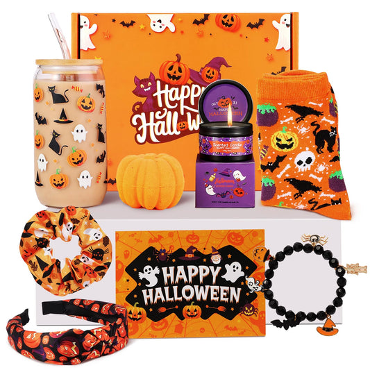 Munutix Boo Basket Stuffers for Women - 8pcs Halloween Gifts Basket for Teens Girls with 17oz Glass Cups & Spa Gifts - Boo Basket for Family, Friends, Her, Mom, Sister, Wife