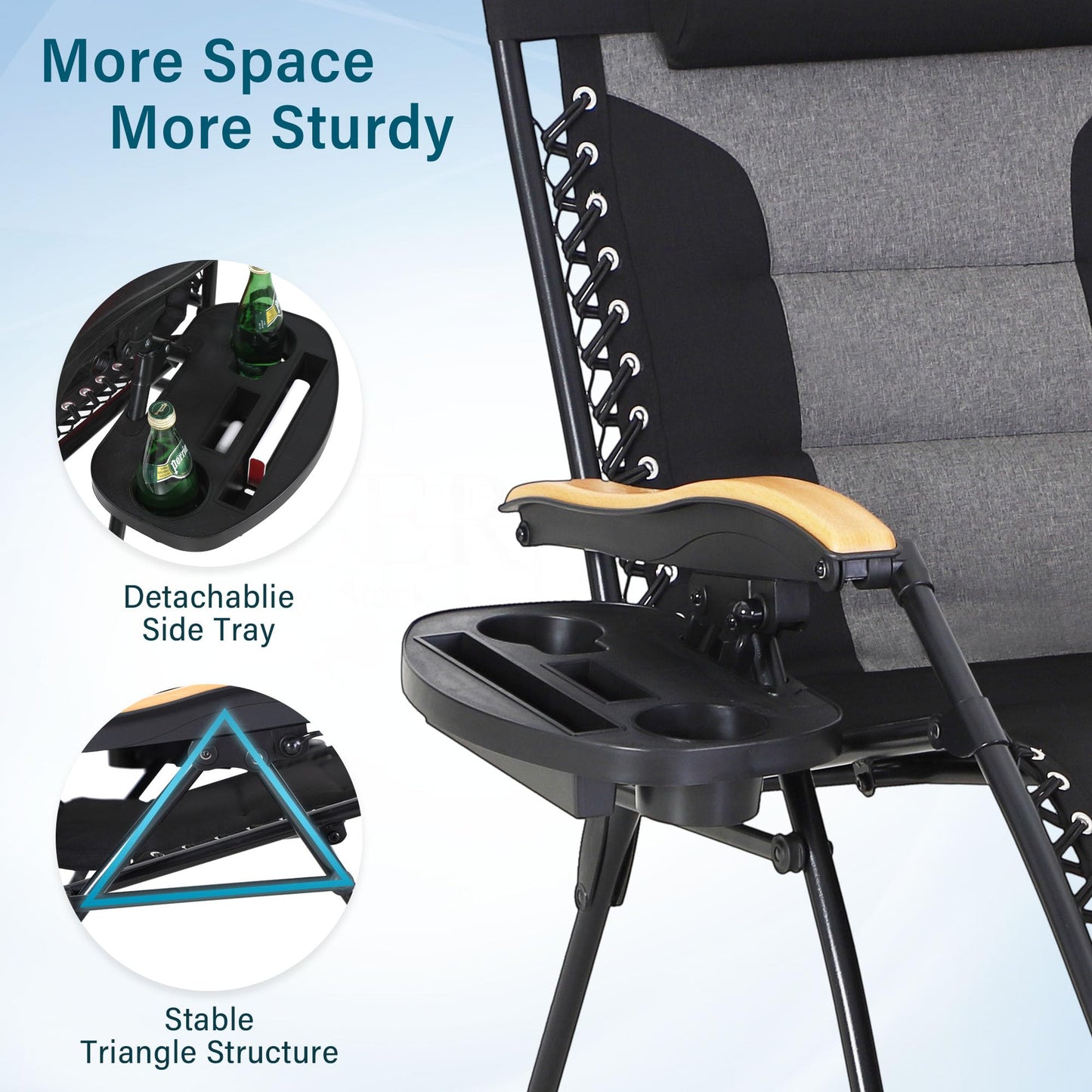 MFSTUDIO Zero Gravity Chairs, Oversized Patio Recliner Chair, Padded Folding Lawn Chair with Cup Holder Tray, Support 400lbs, Black