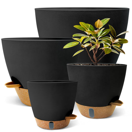 MNKXL 12"/10"/9"/8" Self Watering Pots with Visual Water Window,Extra Large Self Watering Plant Pots with Drainage Holes & Saucers,Black Planters for Indoor Plants,4-Pack