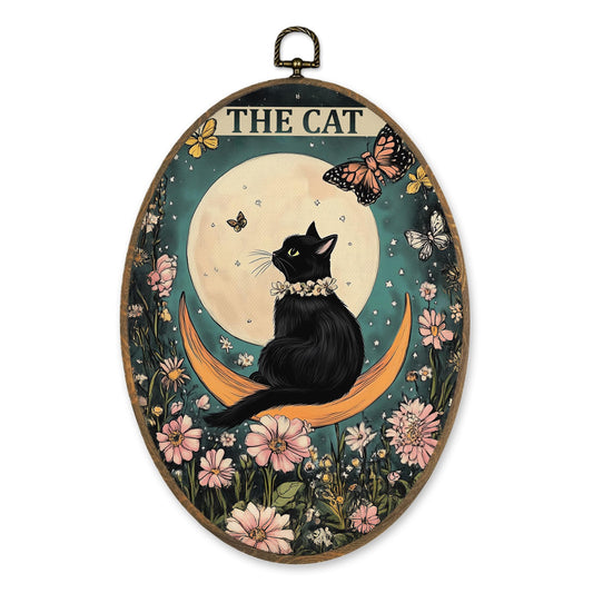 LKETW Vintage Moon Floral Black Cat Oval Wall Art Decor, Tarot Decor The Cat Oval Canvas Hanging Decor, Mystical Cottagecore Flower Kitty Wall Decorations for Home Bedroom Living Room, 8.6x11.4 Inch