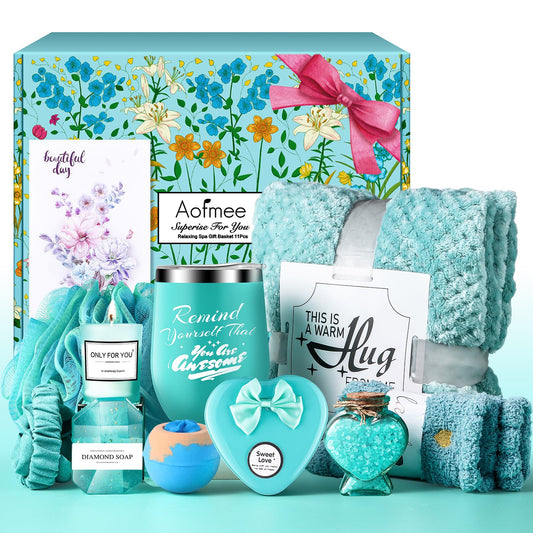 Aofmee Gifts Basket for Mother Wife Grandma Daughter Friends Sister, Happy Birthday Gifts for Women Mom Her, Blue Self Care Spa Relaxing Baskets for Birthday Mothers Day Christmas Valentines